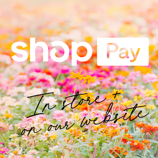 Shop Pay logo over a colorful floral background with text 'In store + on our website'.