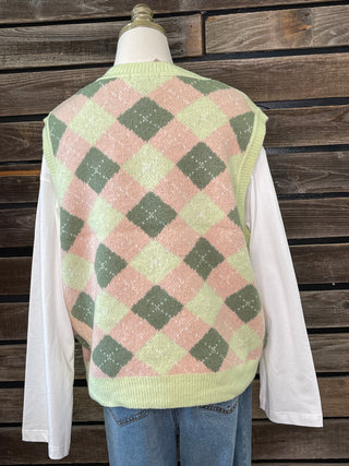 rear view of Checkered green and pink sweater on a mannequin against a wooden background