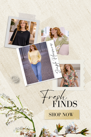 Promotional image with women's clothing and 'Fresh Finds' text on a textured background.
