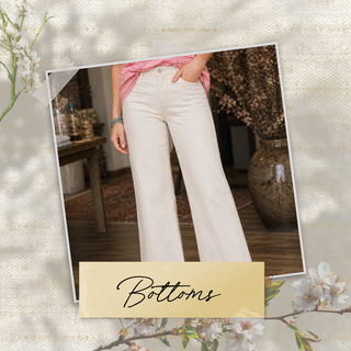 Person wearing white pants with a decorative 'Bottoms' label on a floral-themed background