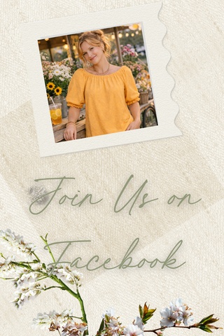 Woman in yellow top with floral background and 'Join Us on Facebook' text