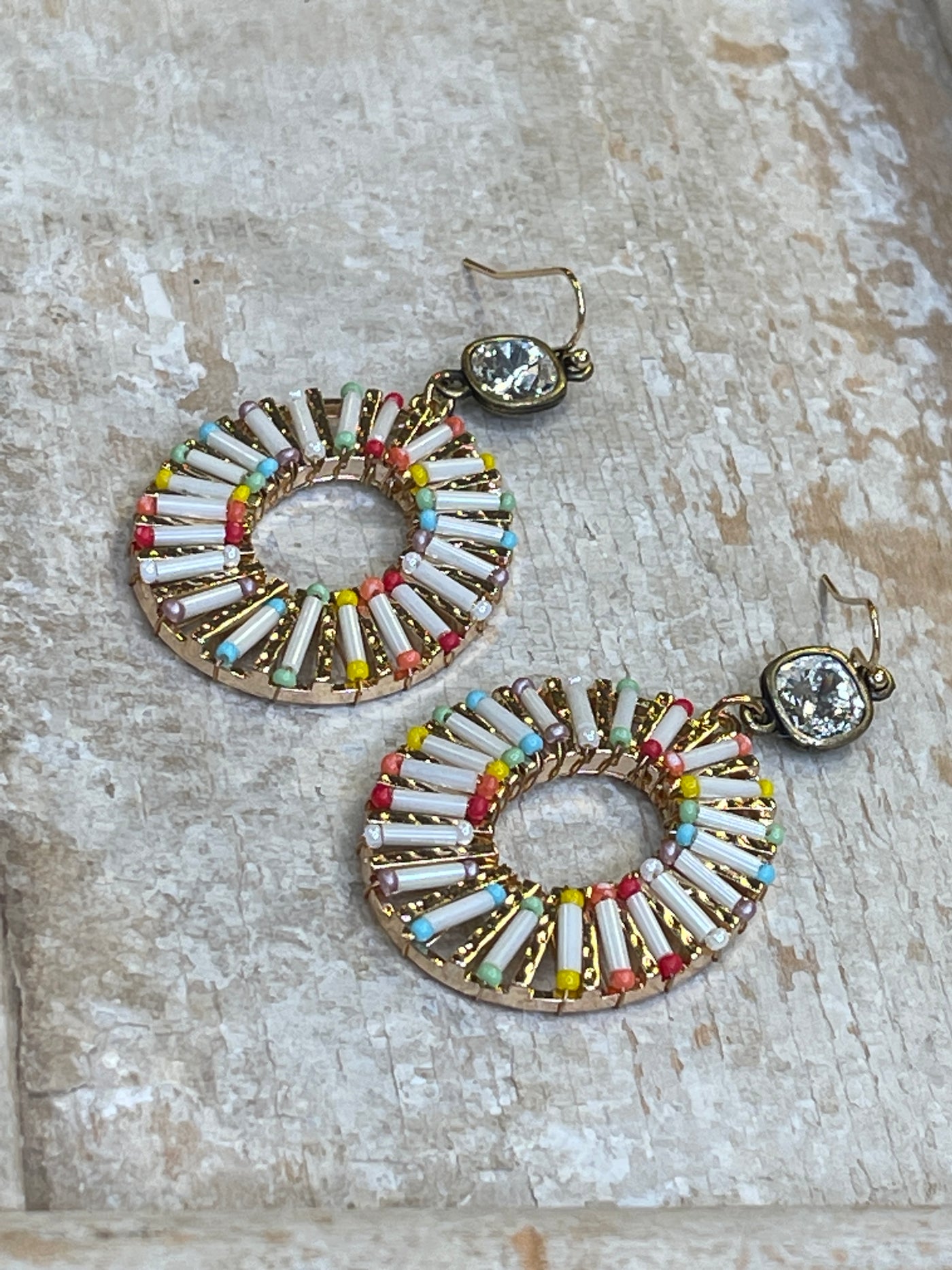 White & Multi Color Bead Oval Earrings