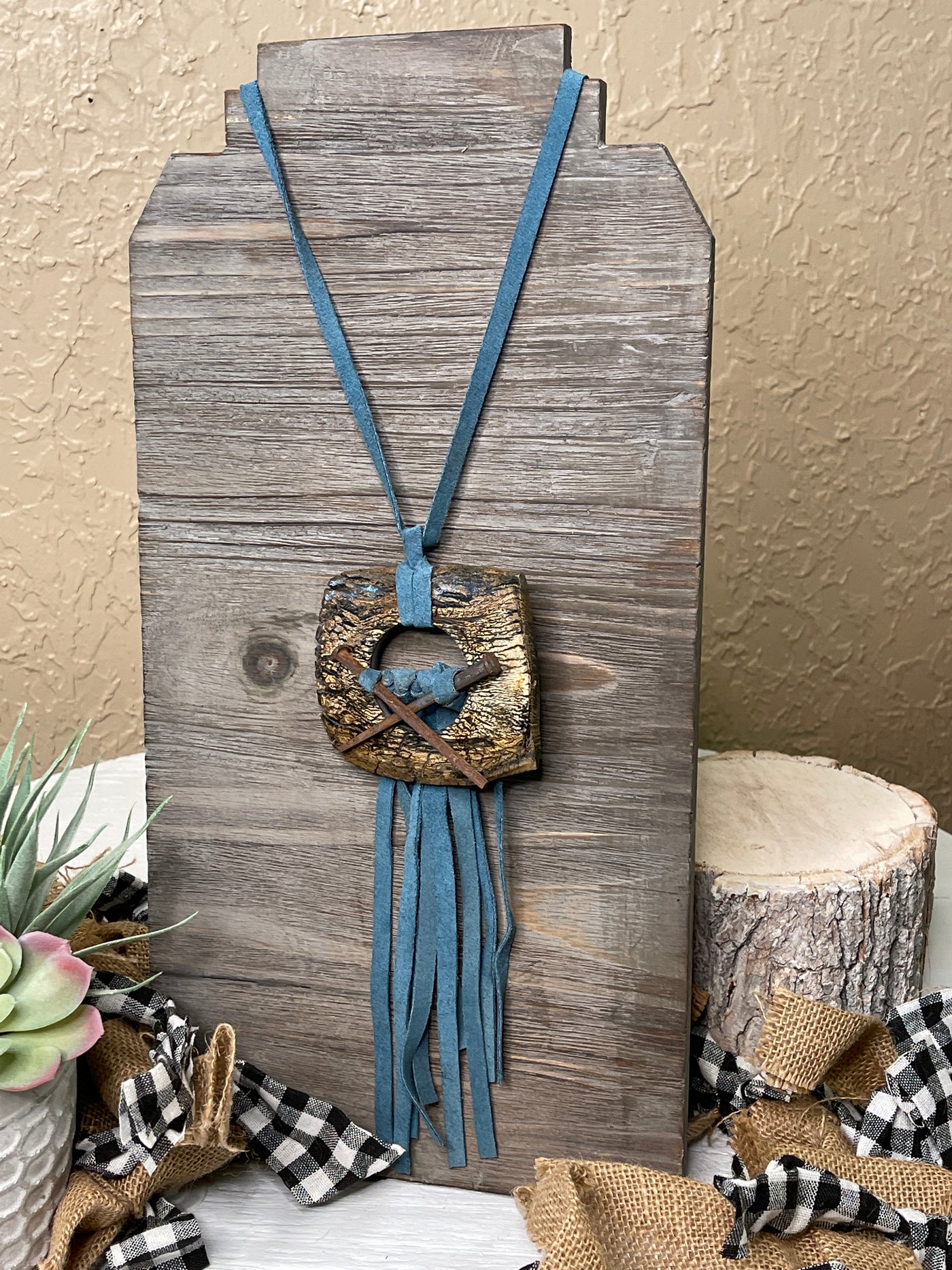 Blue Leather & Wood Necklace
