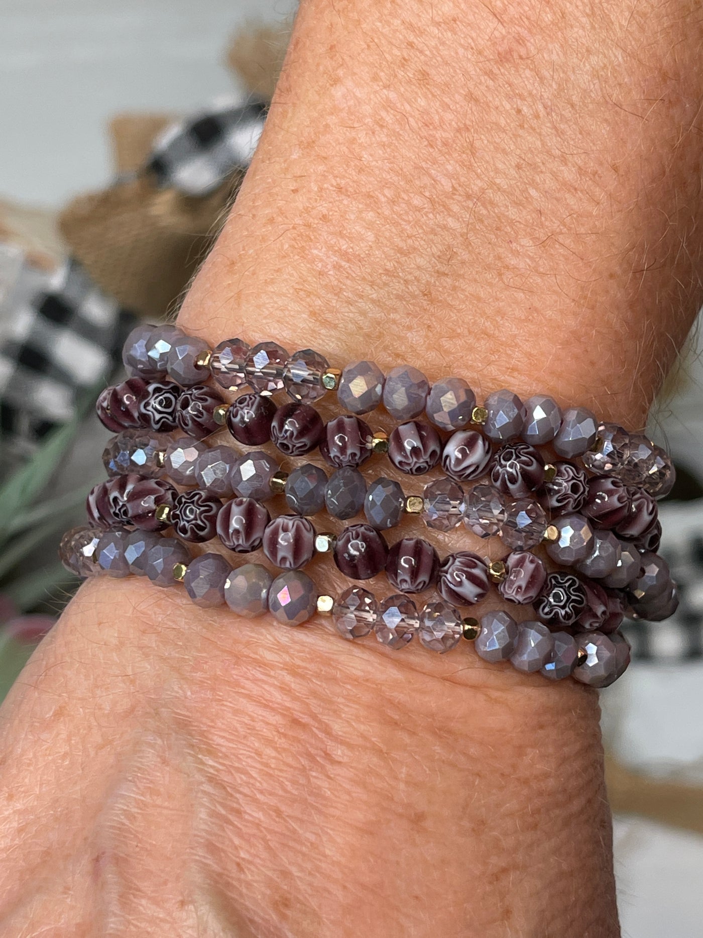Purple Crystal & Millefiori Bead Bracelet Stack
